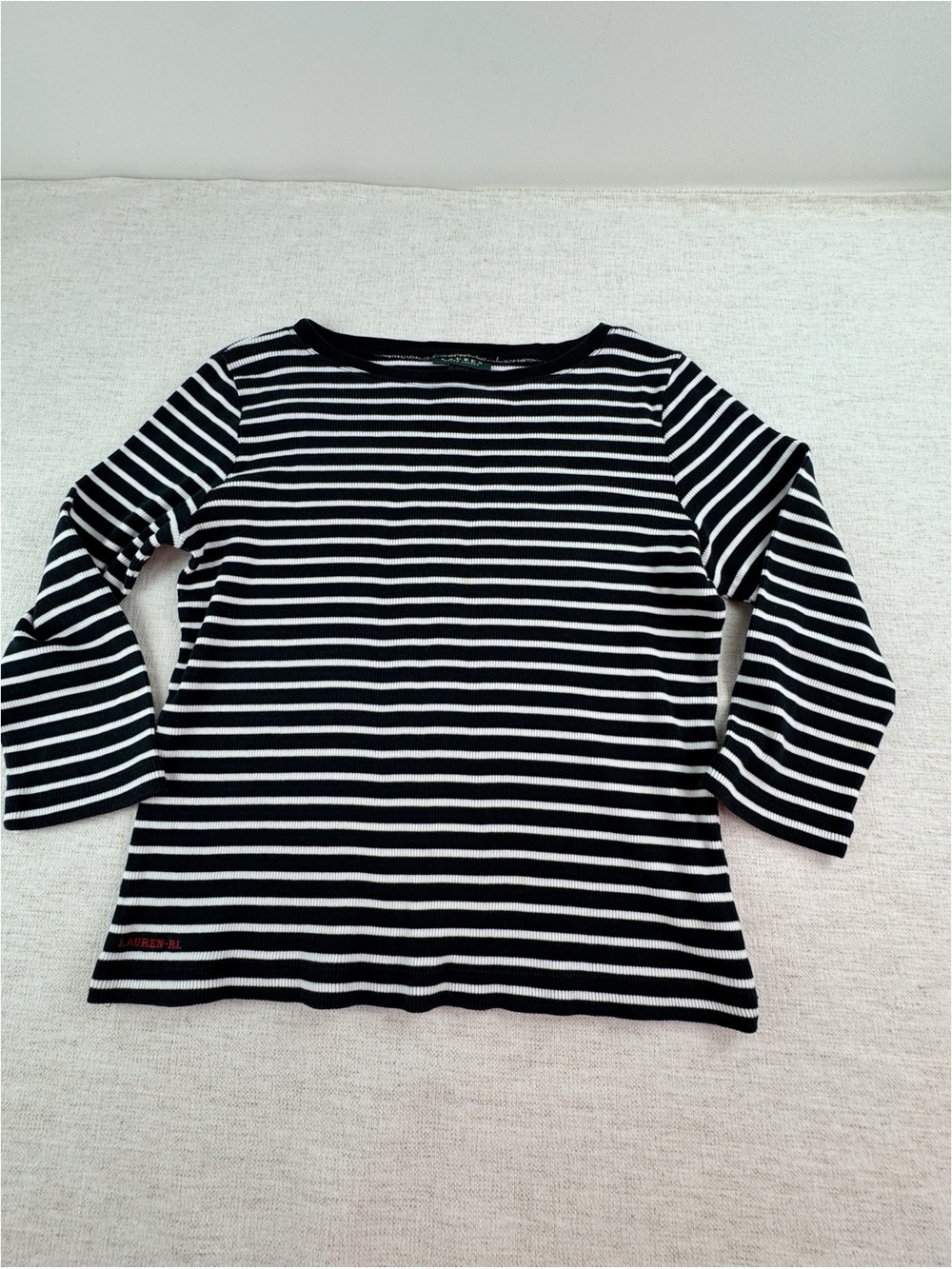 Lauren Ralph Lauren‎ Women’s M  Striped Boatneck ribbed Top 3/4 sleeve